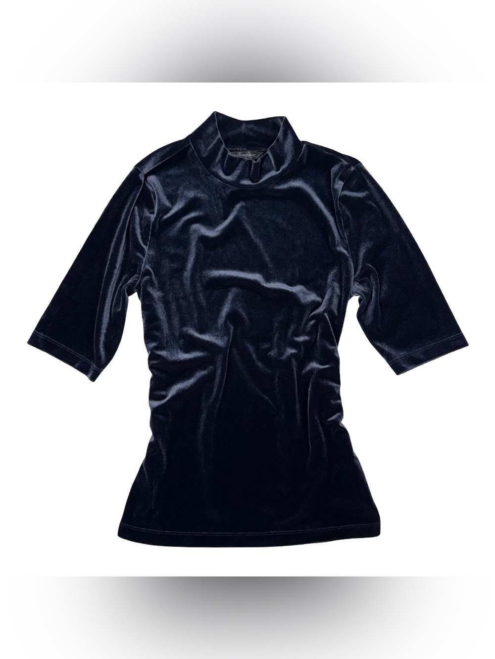 Banana Republic Velvet Top Womens Small Blue Mock Neck Stretch Short Sleeve